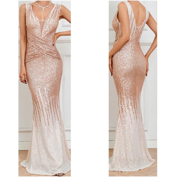 Luxe Sequin High Waisted Mermaid Hem Fitted Prom Formal Wedding Dress - Picture 2 of 3